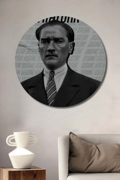 Teona Ahşap Tablou decorativ din lemn MDF rotund cu aspect de cadru Ataturk pentru casa, locul de munca
