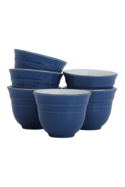 Alsaif Gallery A set of blue porcelain Arabic coffee cups with a golden font,...