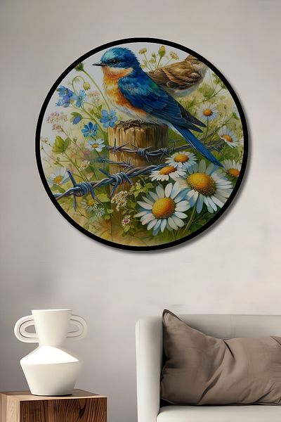 Teona Ahşap Păsări albastre și flori de primăvară din lemn MDF rotund decorativ pentru casă, pictură murală la locul de muncă