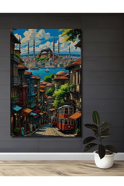 Teona Ahşap Casa dreptunghiulara din lemn MDF decorativ cu tramvai cu vedere la Istanbul, pictura pe perete la locul de munca