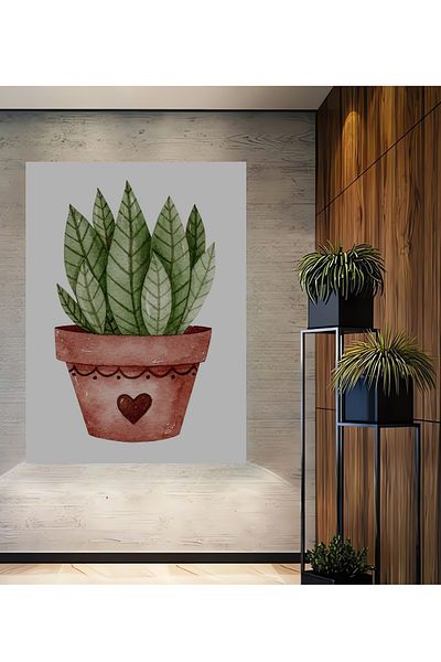 Teona Ahşap Plantă cu frunze verzi într-un ghiveci de inimă Lemn MDF dreptunghiular Decorativ pentru casă, loc de muncă Pictură murală