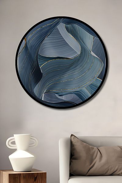 Teona Ahşap Casa rotundă din lemn MDF abstract albastru ondulat, pictură murală la locul de muncă
