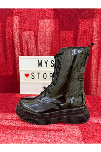MYSSTORE Kadın Bagcıklı İçi Yünlü Parlak Uzun Siyah Bot