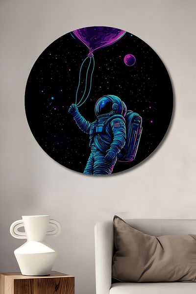 Teona Ahşap Astronaut care ține un balon în spațiu Lemn MDF rotund decorativ pentru casă, loc de muncă pictură murală