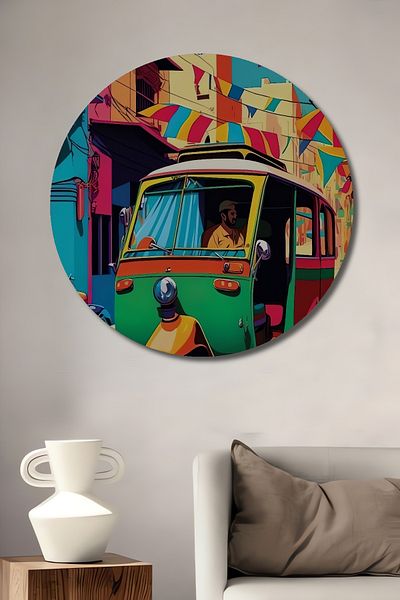 Teona Ahşap Vehicul cu motor retro pe străzi colorate, casă rotundă din lemn MDF, pictură murală la locul de muncă