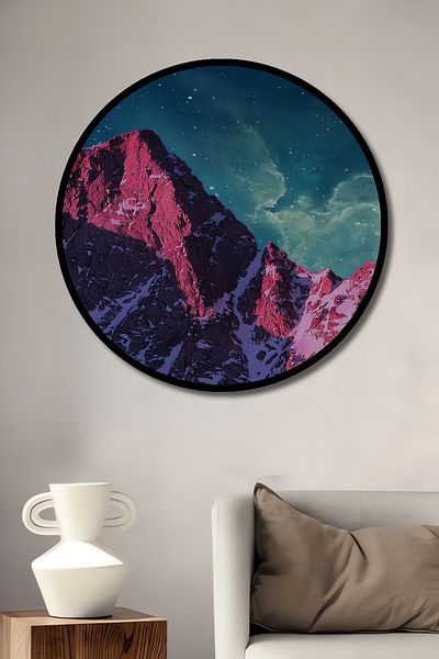 Teona Ahşap Cer înstelat și munți roz din lemn MDF rotund decorativ pentru casă, loc de muncă pictură murală