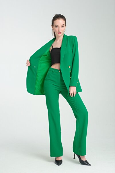 BATYİ COLLECTİON Kadın Yeşil Blazer ceket İspanyol paça pantolonlu Takım