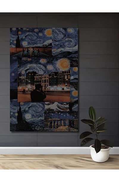 Teona Ahşap Van Gogh Noaptea înstelată Lemn MDF dreptunghiular decorativ pentru casă, loc de muncă pictură murală