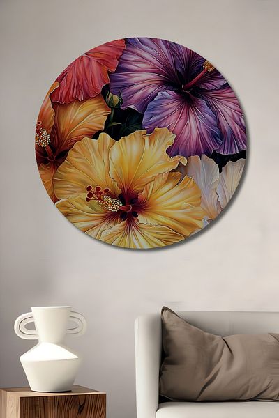 Teona Ahşap Flori de hibiscus vii decorative din lemn MDF rotund pentru pictura de perete acasa, loc de munca