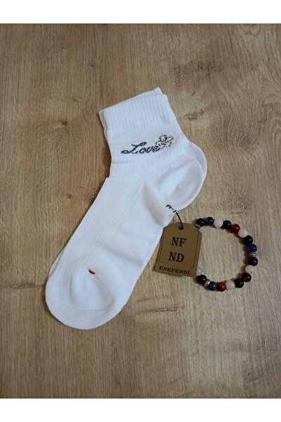 ENEFENDİ Love Floral Print White Women's Socks - Designed Cotton Socks, 36-40