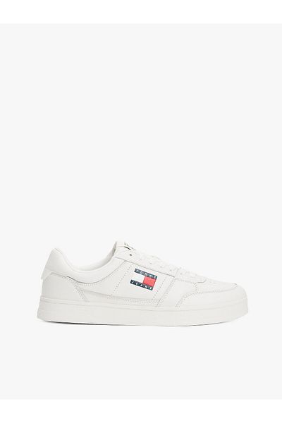 Tommy Hilfiger Bequemer, atmungsaktiver Herren-Sneaker aus Leder mit flacher Sohle und weißer Oberfläche EM0EM01574-YBL