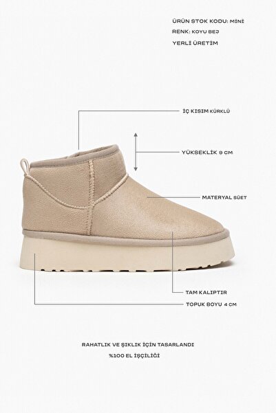 NİŞANTAŞI SHOES Mini Kum Beji Süet İçi Kürklü Kalın Taban Kadın Bot