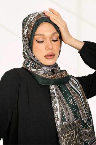 hijabchi Σειρά ρετρό έθνικ μοτίβο βαμβακερό μαλακό σάλι - Νέα συλλογή - Emerald Green