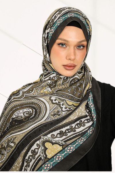 hijabchi Σειρά ρετρό έθνικ μοτίβο βαμβακερό μαλακό σάλι - Νέα συλλογή - Σκούρο πράσινο