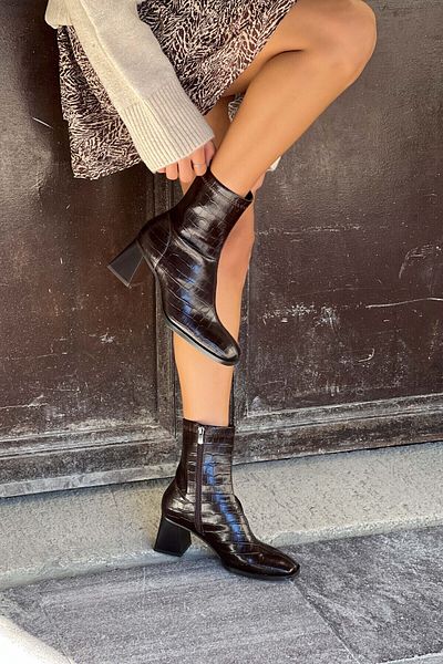 NİŞANTAŞI SHOES Sablex Braun gemusterte Damenstiefel mit Reißverschluss und stumpfer Zehenpartie
