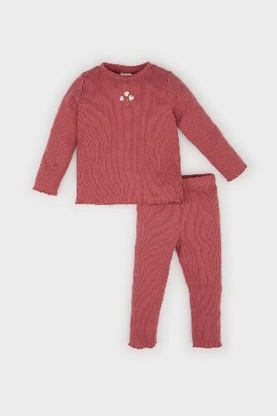 DeFacto Floral Print Ribbed Long Sleeve T-Shirt and Elastic Waist Bottom for Baby Girl - Y1122A224Au