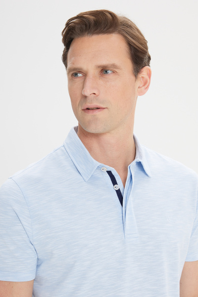 ALTINYILDIZ CLASSICS Men's Light Blue Cotton Jacquard Slim Fit Slim Fit Polo Neck T-Shirt