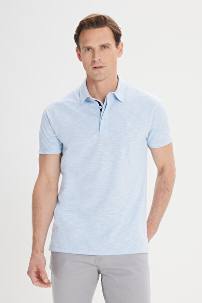 ALTINYILDIZ CLASSICS Men's Light Blue Cotton Jacquard Slim Fit Slim Fit Polo Neck T-Shirt