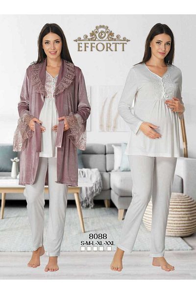 Effortt Maison Mila Maternity Pajama Set with Velvet Dressing Gown and Lace Detail