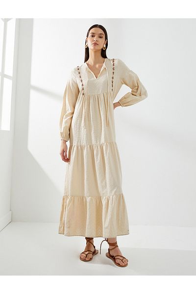 Koton Long Dress Balloon Sleeve Flounced Tied Collar Floral