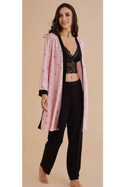 The Clover Pink Heart Detailed 3-Piece Pajamas Set - Dressing Gown & Bralet Th.Clv.13.Dc.13.Hs