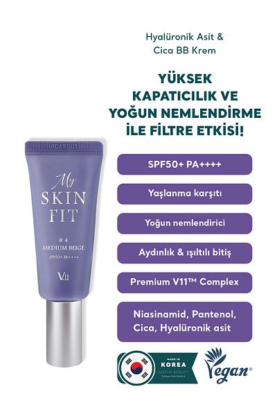 Village 11 Factory Village11 Factory My Skin Fit BB Cream SPF50+ PA++++ بيج متوسط 20 مل - حمض الهيالورونيك وكريم سيكا BB