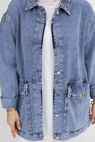 giyze Taş İşlemeli Cepli Kot Ceket Mavi 7902