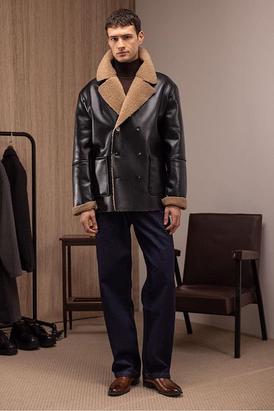 Antioch Black Lining Detailed Faux Leather Double Breasted Men's Coat