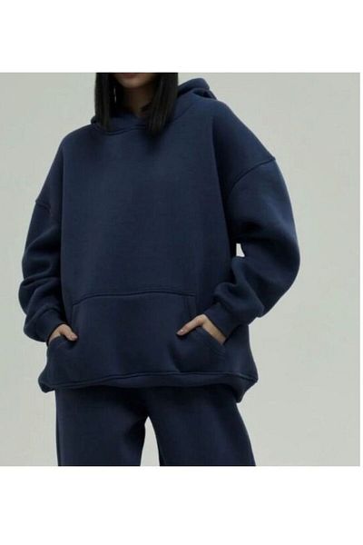 FİTGO Navy Blue Raised Hooded Women's Sweatshirt