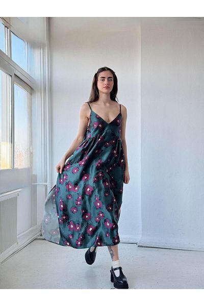 Retrobird June Satin Dark Green Strap Slit Dress - Women's