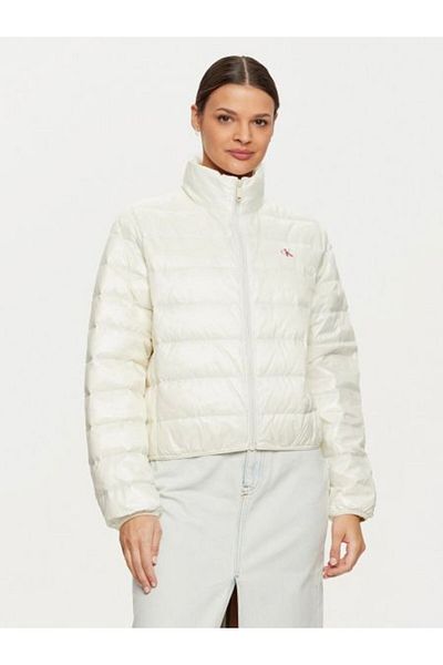 Calvin Klein Women's Stand Collar White Coat with Brand Logo