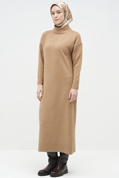Tuğba Boğazlı Triko Elbise - Camel