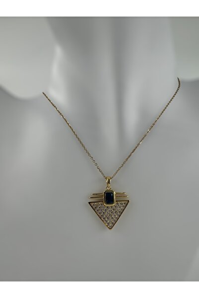 GLAURA قلادة مثلثة من حجر الزركون الذهبي الصلب وحجر الرغيف الفرنسي الأزرق الد...