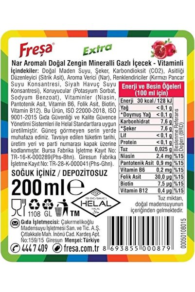 FREŞA Freşa Extra Nar Aromalı Maden Suyu 200 Ml X 24 Adet