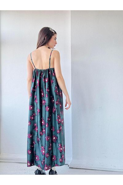 Retrobird June Satin Dark Green Strap Slit Dress - Women's