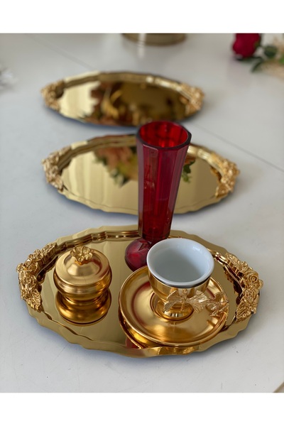 SEVA ÇELİK 20*25 CM GOLD OVAL 3 ADET KULPLU MODEL SERVİS VE SUNUM TEPSİSİ