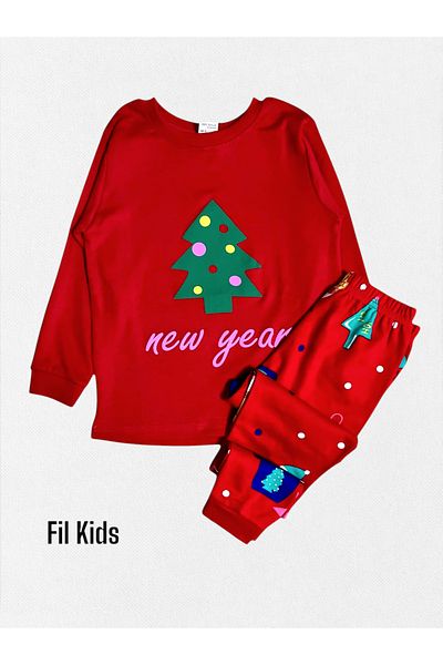 elmas kids Boy's 100% Cotton Red Pine Print Long Sleeve Winter Pajamas Set