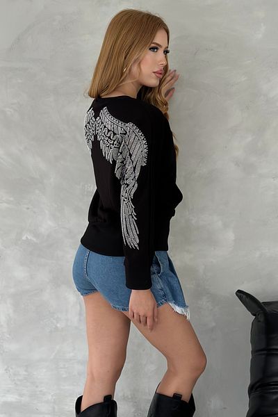 RICH GLAM Wing Crystal Stone Regular Fit Plus μέγεθος τριών νημάτων Βαμβακερό άνετο κομψό μαύρο γυναικείο φούτερ με τσέπες