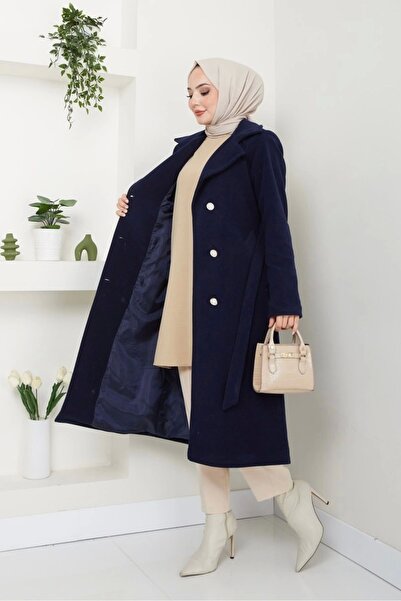 Nevayla Moda Γυναικείο Fleece Stamp Μακρύ Παλτό / M0107 - Navy Blue