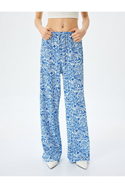 Koton Wide Leg Patterned Trousers - Laced Waist and Twist