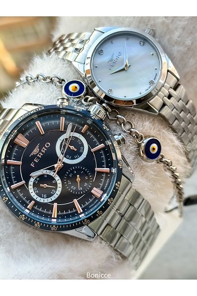 FERRO Brand Steel Cord Silver Color,Dear Couple Wristwatches + Bracelet