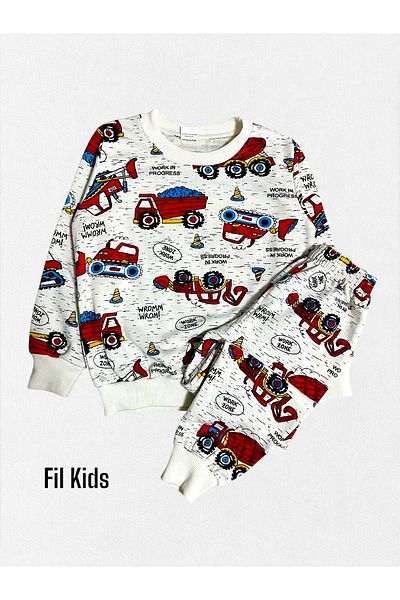 Fil Kids Chlapecká bavlněná zvýšená bílá auto naběračka vozidla se vzorem zimní pyžamo s dlouhým rukávem