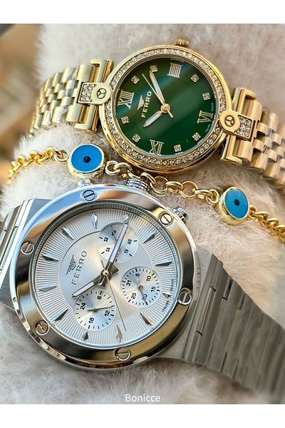 FERRO Brand Steel Band Silver Color, Green, White Dial,Dear Couple Wristwatches + Bracelet