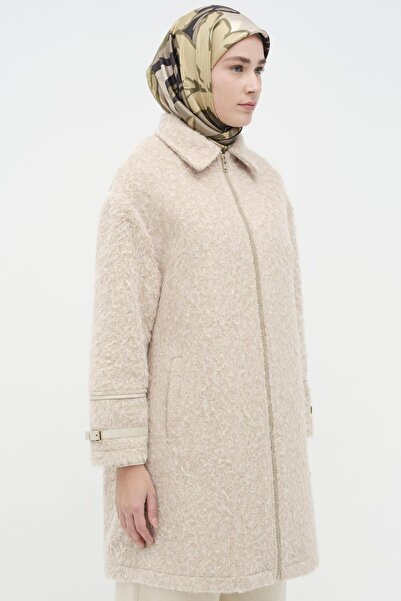 Tuğba Deri Garnili Kol Bant Detaylı Kaban - Bej