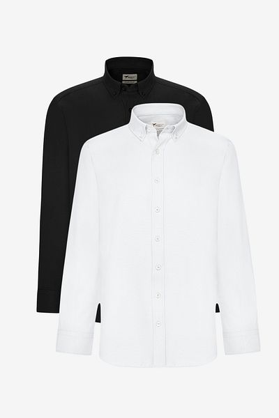 AC&Co / Altınyıldız Classics Men'sOxfordCottonSlimFit Shirt Pack - Black and White 2-piece, Easy to Iron