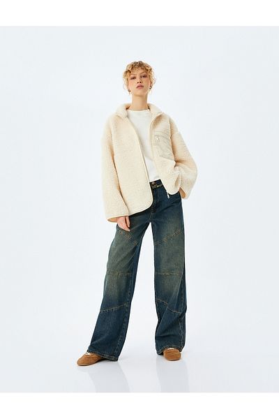 Koton Oversize Zippered Pocket Detailed Stand Collar Plush Sweatshirt
