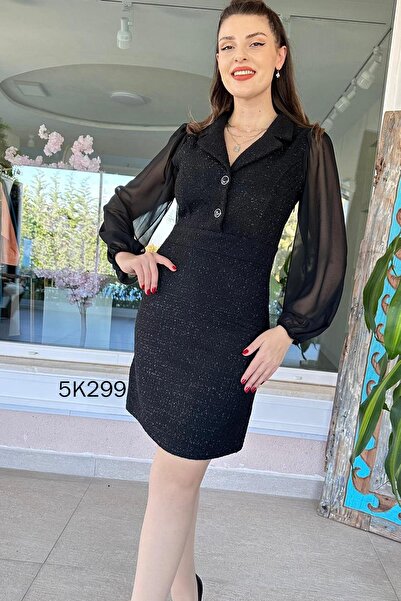 İnce Topuk Yakalı Şifon Kol Simli Channel Elbise 5k299