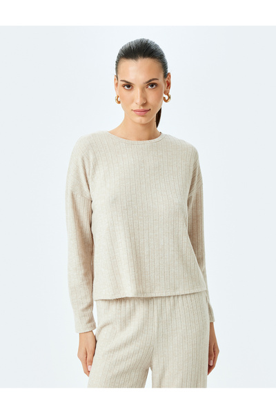 Koton Rahat Kalıp Yumuşak Dokulu Bisiklet Yaka Uzun Kollu Pijama Üstü