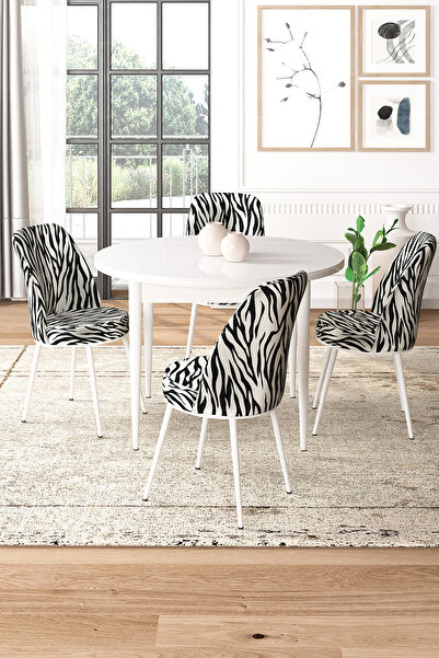 Canisa Concept Tor Serisi Yuvarlak 90x90 Beyaz Sabit Masa 4 Zebra Desen Sanda...