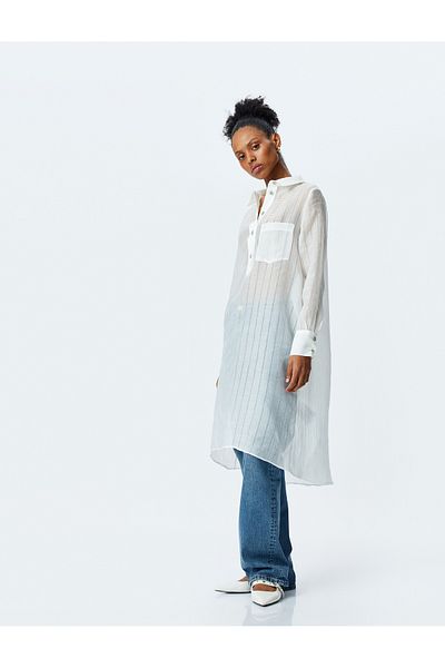 Koton Long Sleeve Shirt Neck Semi Sheer Oversize Long Tunic